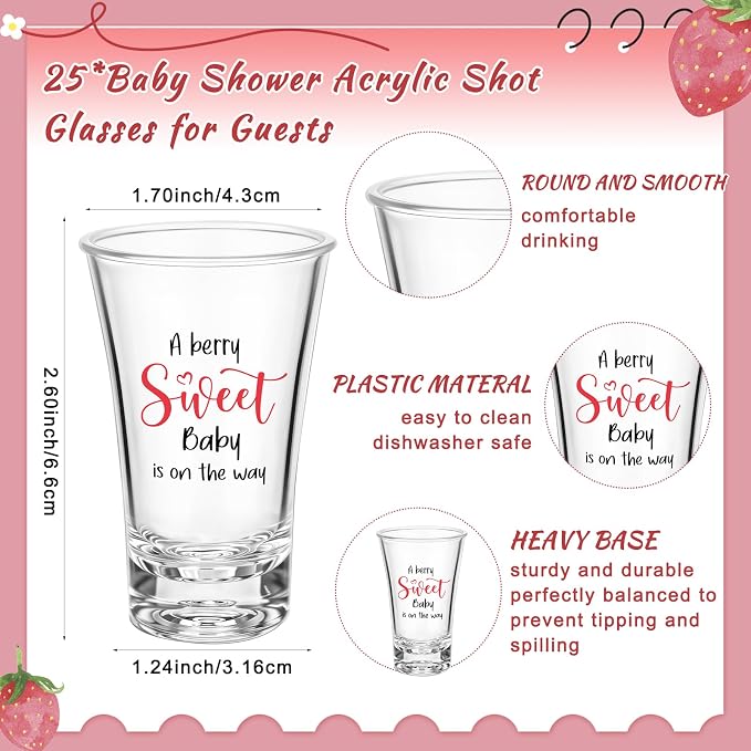 Pickmesh 25 Sets Sweet Strawberry Baby Shower Shot Glasses for Guests Include Acrylic Clear Shot Glasses Sweet Barry Cards Organza Bags Favors for Gender Reveal Party Supplies