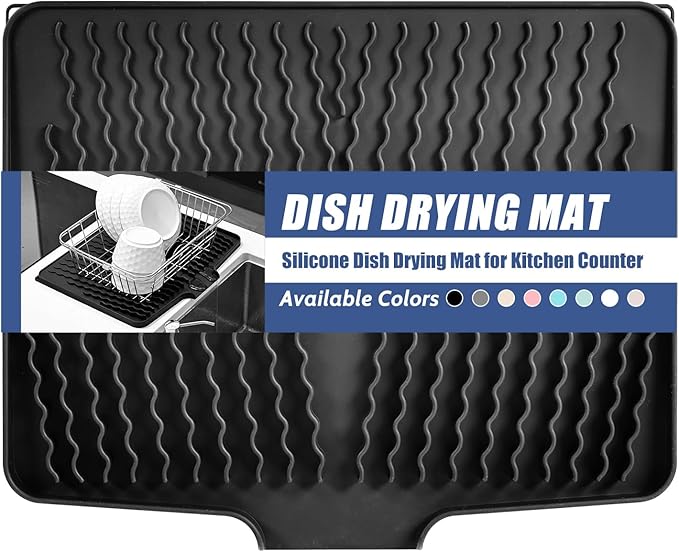 Silicone Dish Drying Mat for Kitchen Counter 15.8" x 13", Heat-resistant Dish Dryer Mat with Built-in Drain Lip ,Drain Pad Protects Surfaces Prevents Water Build UP (Black -1pcs)