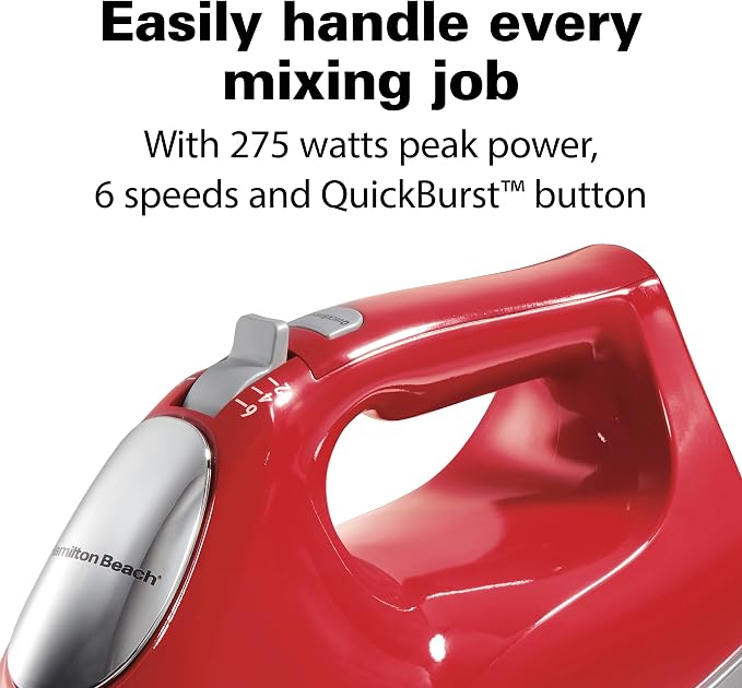 Hamilton Beach 6-Speed Electric Hand Mixer with Whisk,Traditional Beaters,Dough Hooks,Snap-On Storage Case,275 Watts,Red,(Pack of 2)