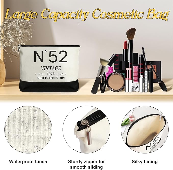 YeohJoy 52nd Birthday Gifts for Women Canvas Tote Bag Travel Gear, Unique 52 Years Old Gifts for Wife Mom Sister Aunt Friends Her, Vintage N°52 Handbag & Cosmetic Bag & Back in 1974 Poster