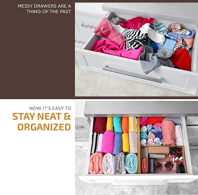 6-Pack Bamboo Drawer Dividers - 2.6 in High, Adjustable 16 to 22 in Expandable Drawer Organizers and Dresser Separators for Clothes, Bedroom, Bathroom, Kitchen, and Office Organization and Storage