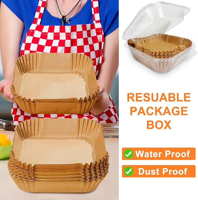 200PCS Air Fryer Liners Disposable: Square 7.9 Inch Non-Stick Airfryer Paper Liners - Food Grade Parchment Paper for 5 6 7 8 QT Air Fryer Baking and Roasting - Waterproof and OilProof (9 Inch on Top)