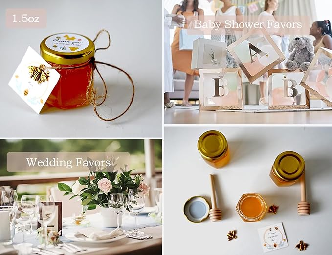 Adabocute 20 Pack Mini Honey Jars with Dipper - Perfect for Baby Shower Favors and Wedding Favors - Includes Bee Pendants Tags and Jute Bags - Gold Lid
