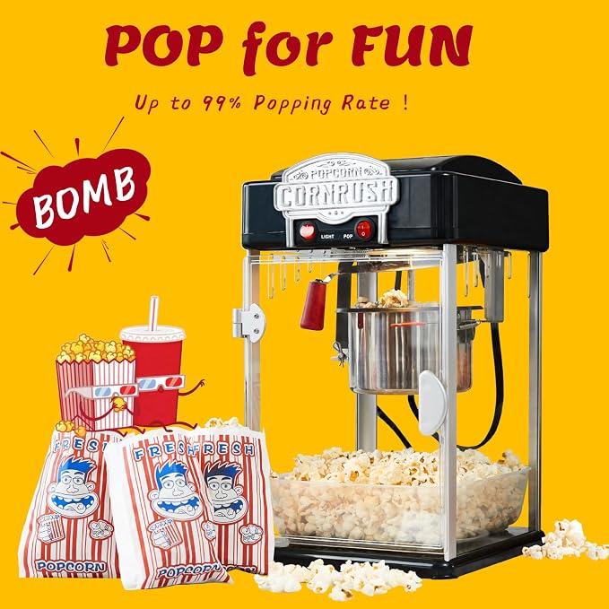 Popcorn Popper Machine-4 OZ Vintage Professional Popcorn Maker Theater Style with Nonstick Kettle Warming Light and Serving Scoop. (Black)