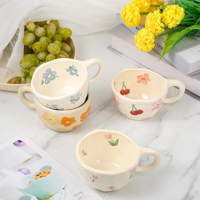 4 Styles Cute Spring Ceramic Flower Coffee Mug Set 8.5 oz Vintage Aesthetic Porcelain Floral Tea Coffee Cup with Handle Dishwasher Microwave Safe for Mother's Day Easter Gift for Women