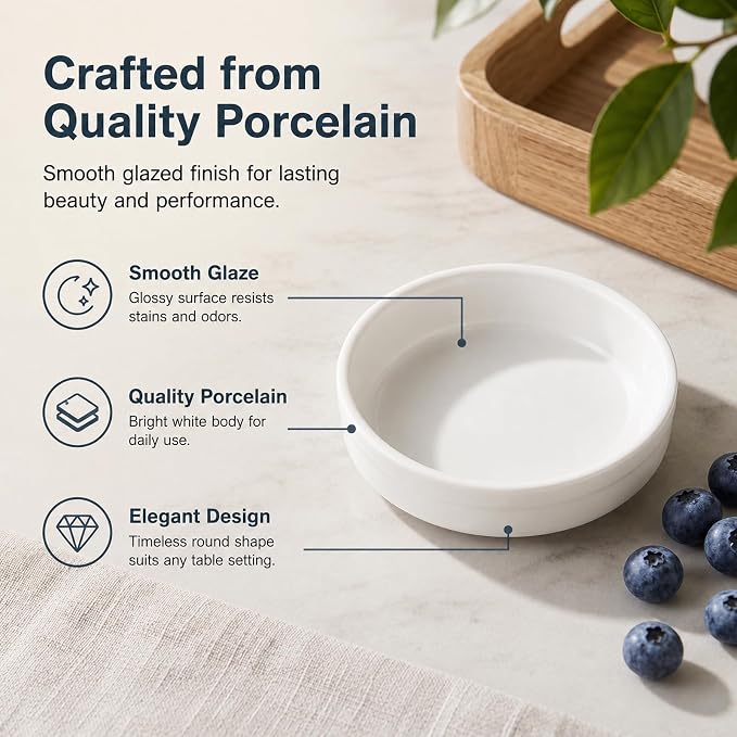 ONEMORE Creme Brulee Ramekins 4 oz Ceramic Baking Dishes, Oven Safe Ramekin Set, Small Porcelain Cups for Souffle, Custard, Dipping Sauce, Stackable White Kitchen Serveware, 14 Pack