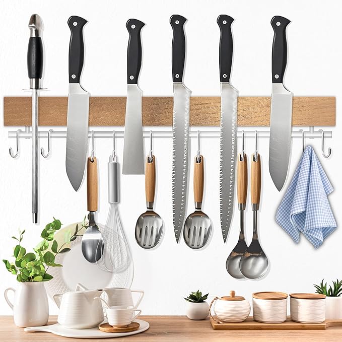 Dmore magnetic knife holder for wall—with 10 hooks, No Drilling 17 Inch Wood knife magnetic strip, Extra Strong Magnet knife rack, include Adhesive Tape and screws for Knives and Tools