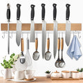Dmore magnetic knife holder for wall—with 10 hooks, No Drilling 17 Inch Wood knife magnetic strip, Extra Strong Magnet knife rack, include Adhesive Tape and screws for Knives and Tools