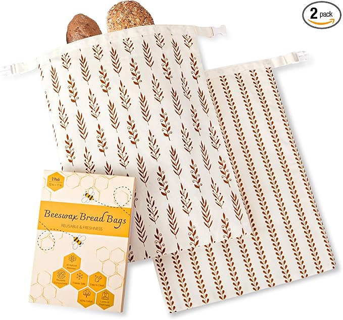 Beeswax Bread Bags for Sourdough, Reusable Bread Bags for Homemade Bread, 2 Pack Sourdough Bread Storage, Natural Cotton Beeswax Bags