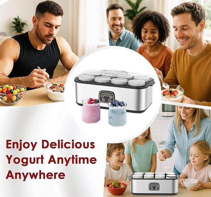 Suteck Yogurt Maker - Stainless Steel Yogurt Makers with Adjustable Time & Temp Control，Automatic Shut-Off & Constant Temper for Homemade Greek, Probiotic Yogurt, BPA-Free 8 Glass Jars (48 oz), Black