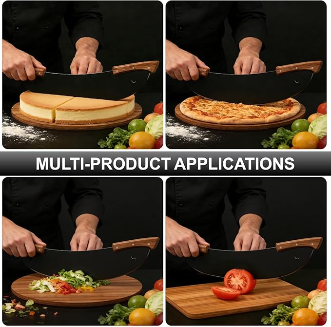 20-Inch Pizza Rocker Blade Cutter, Stainless Steel with Double Wooden Handles, Professional Pizza Slicer，Black