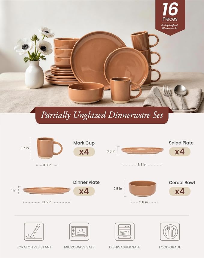 OTAGO 16-Piece Brown Stoneware Dinnerware Set for 4 with Mugs, Plates and Bowls Sets with Partially Unglazed Base, Scratch Resistant Ceramic Dish Set, Microwave & Dishwasher Safe for Kitchen