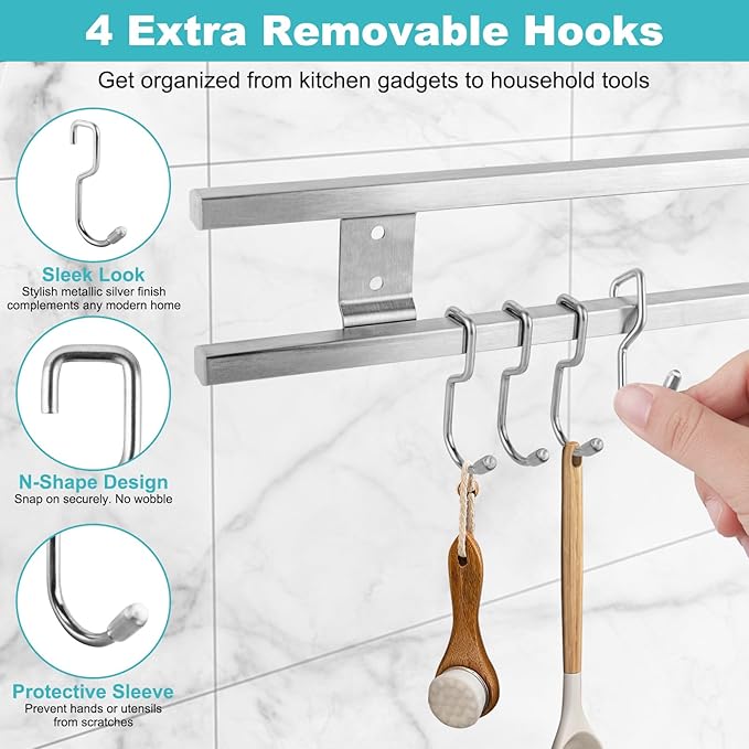 Magnetic Knife Holder Wood, 16" Knife Magnetic Strip No Drill Adhesive Knife Magnet Block, 17 Inch Magnetic Knife Holder with 4 Hooks, Dual Rod Strong Magnet Knife Bar for Partry Garage Tool Rack