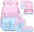DIGOBAY Girls Backpack - Kids Bento Box Set with Insulated Lunch Bag, Cutlery and Pencil Case, 6 Leak-Proof Compartments, Removable Tray for Girls, Teens School Picnic (Pink-Blue)