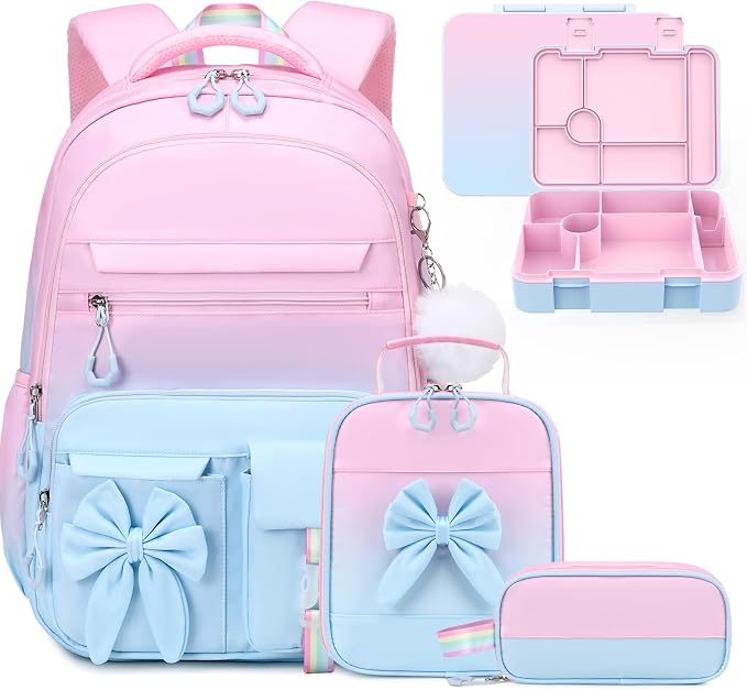 DIGOBAY Girls Backpack - Kids Bento Box Set with Insulated Lunch Bag, Cutlery and Pencil Case, 6 Leak-Proof Compartments, Removable Tray for Girls, Teens School Picnic (Pink-Blue)