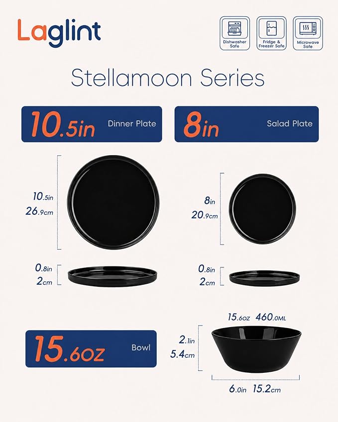 LaGlint Dinnerware Sets for 4, Black 12 Pieces Opal Glass Plates and Bowls Set, Dishwasher and Microwave Safe Dish Dinning Ware, Chip and Scratch Resistant Dishware