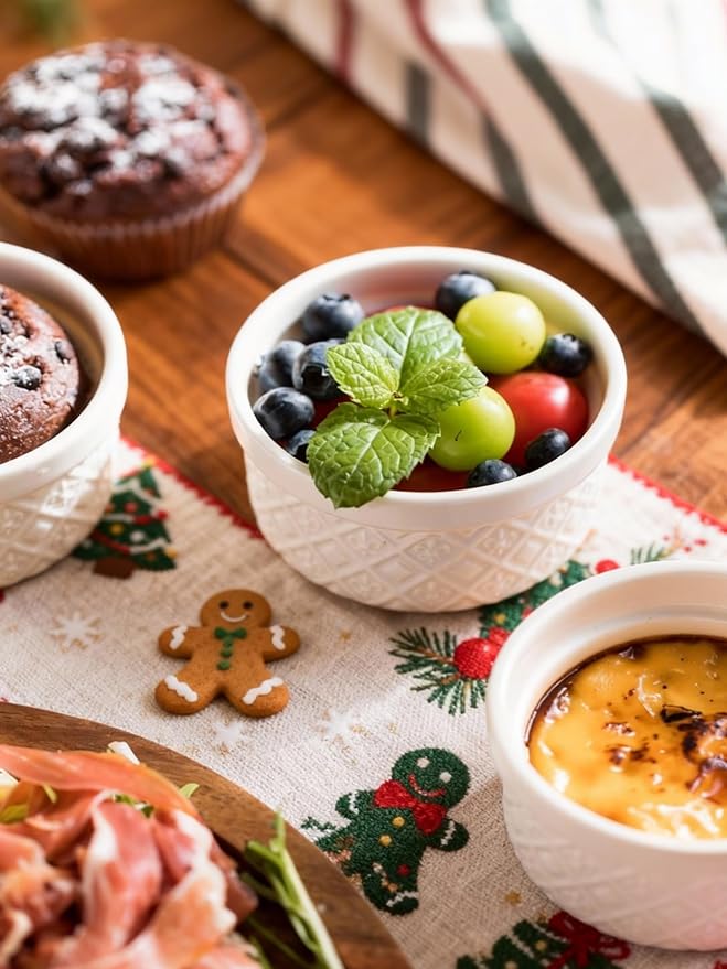 12 oz Ramekins Oven Safe, 4.5 Inch Creme Brulee Ramekins with Lids, Small White Ceramic Souffle Dishes, Mini Baking Bowls with Cover Set of 4, Ramekin Microwave & Dishwasher Safe