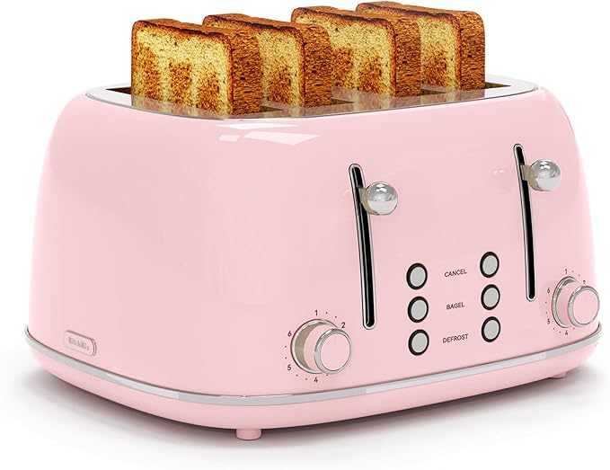 Toaster 4 Slice, Retro Stainless with 6 Bread Shade Settings,1.5''Wide Slots Toaster with Cancel/Defrost/Reheat Functions,Dual Independent Control Panel, Removal Crumb Tray (Pink)