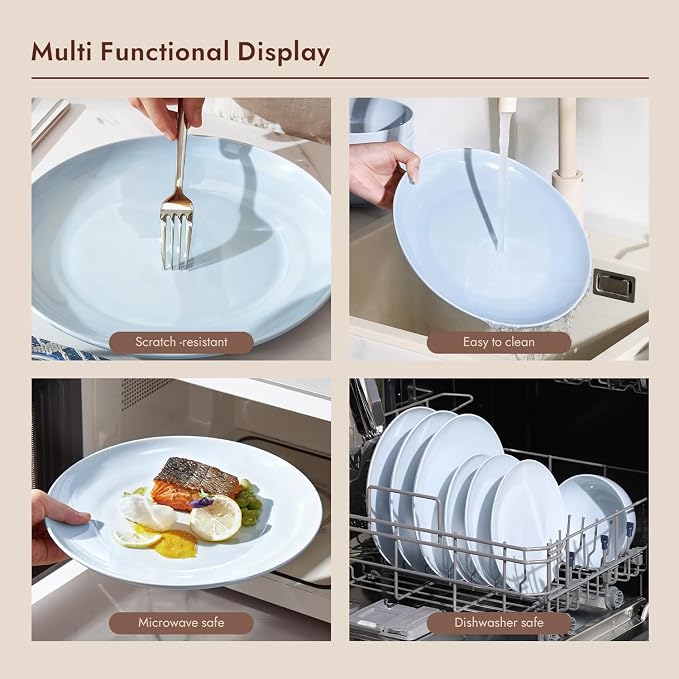 KINGSTONE 24-Piece Bone China Dinnerware Set for 8, Lightweight Porcelain Round Plates and Bowls Set, Durable Scratch Resistant Ceramic Dinner Set, Microwave & Dishwasher Safe, Misty Blue