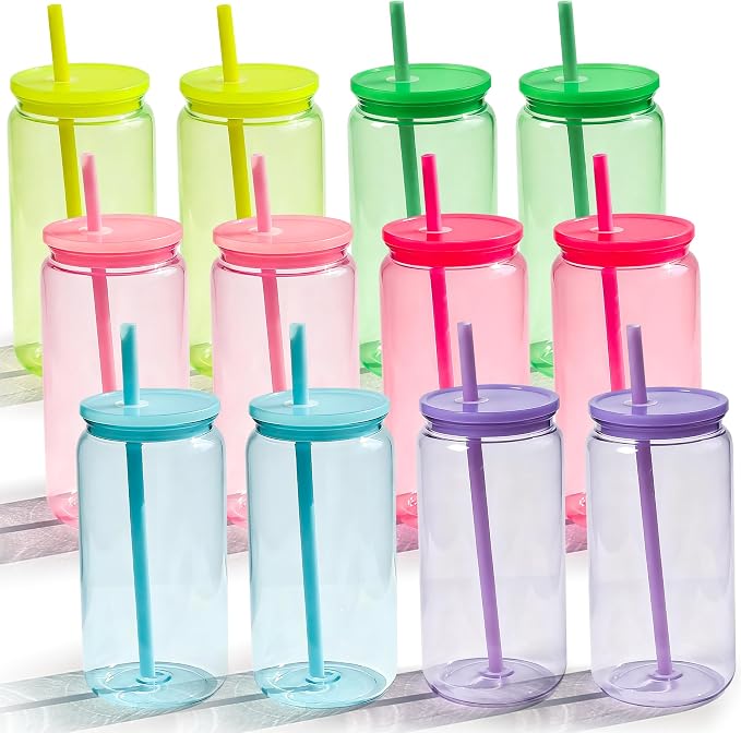 12 Pack Acrylic Mason Jars Cups, 16oz Can Shaped Plastic Cups with Lids and Straws, Reusable Iced Coffee Cup Cute Drinking Glass Unbreakable Tumbler for Whiskey, Soda, Iced Tea, Colored