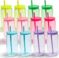 12 Pack Acrylic Mason Jars Cups, 16oz Can Shaped Plastic Cups with Lids and Straws, Reusable Iced Coffee Cup Cute Drinking Glass Unbreakable Tumbler for Whiskey, Soda, Iced Tea, Colored