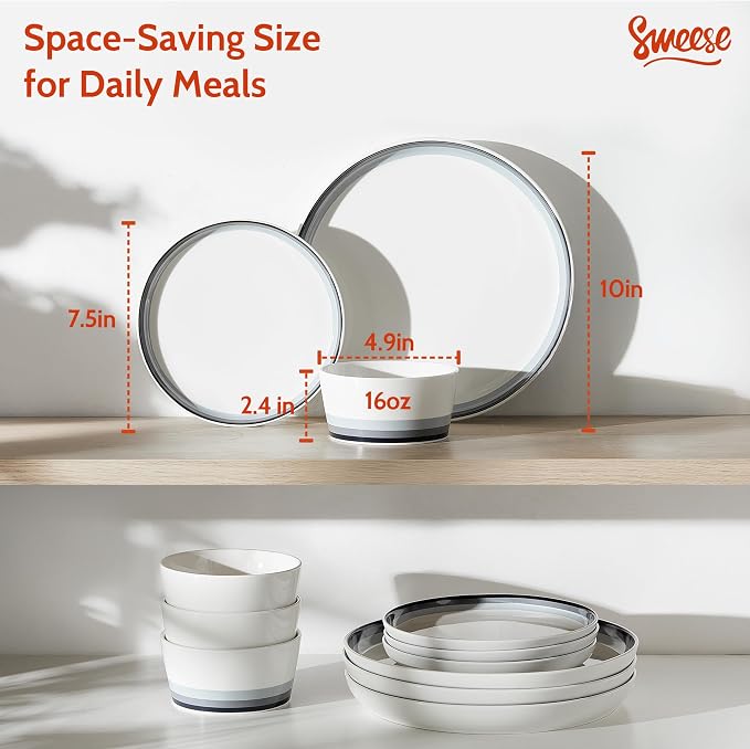 Sweese 12 Piece Dinnerware Sets for 4 - Porcelain Plates and Bowls Set - Scratch Resistant, Dishwasher and Oven Safe Round Dinner Sets - Dish Sets -White and Blue Gradient