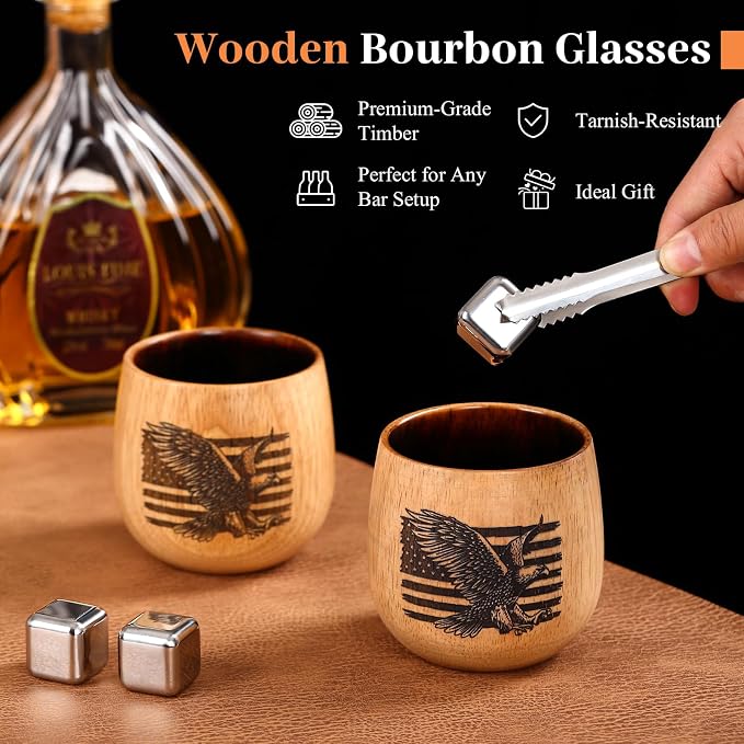 Oak Wood Whiskey Glass, Handcrafted Engraved Charred Wooden Tumbler, Unbreakable Old Fashioned Bourbon Glass for Men, Rustic Drinking Cup with Unique Design, Ideal Gift for Lovers