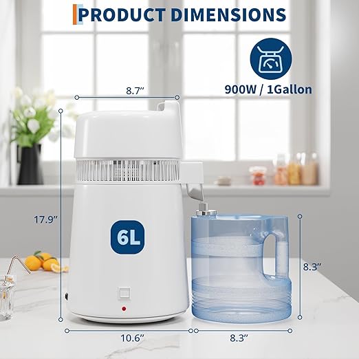 Countertop Water Distiller, 1 Gallon / 4L 750/900W Pure Water Maker with Auto Shut-Off, 304 Stainless Steel & Glass/Plastic, for Home Drinking, Cooking, Appliances – Removes Impurities & Solids