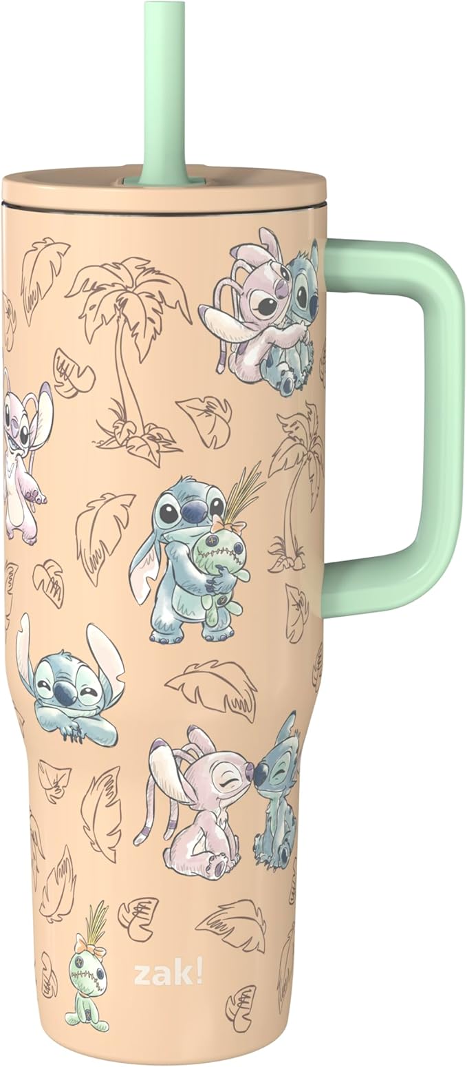 Zak Designs Disney Sutton Travel Tumbler for On the Go, 30oz Stainless Steel with Vacuum Insulation, Silicone Straw, and Carry Handle for Cold Drinks (Stitch, Angel)
