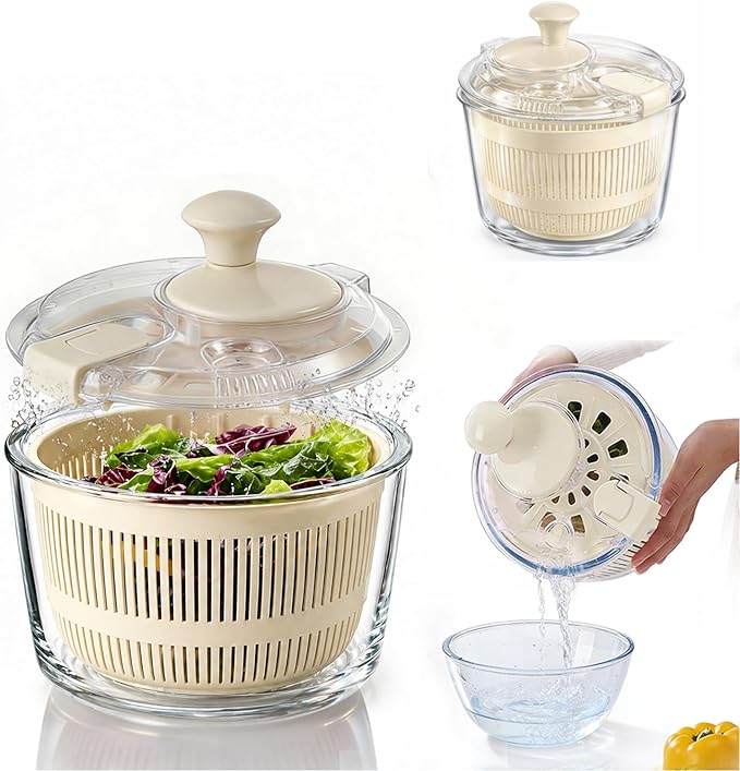 Good Girps 3.2 Qt Glass Salad Spinner Small Vegetable Dryer with Drain Microwave Safe Dishwasher Safe with Transparent Lid Crank Handle Quick Spin Greens Washer for Lettuce Herbs Fruits White