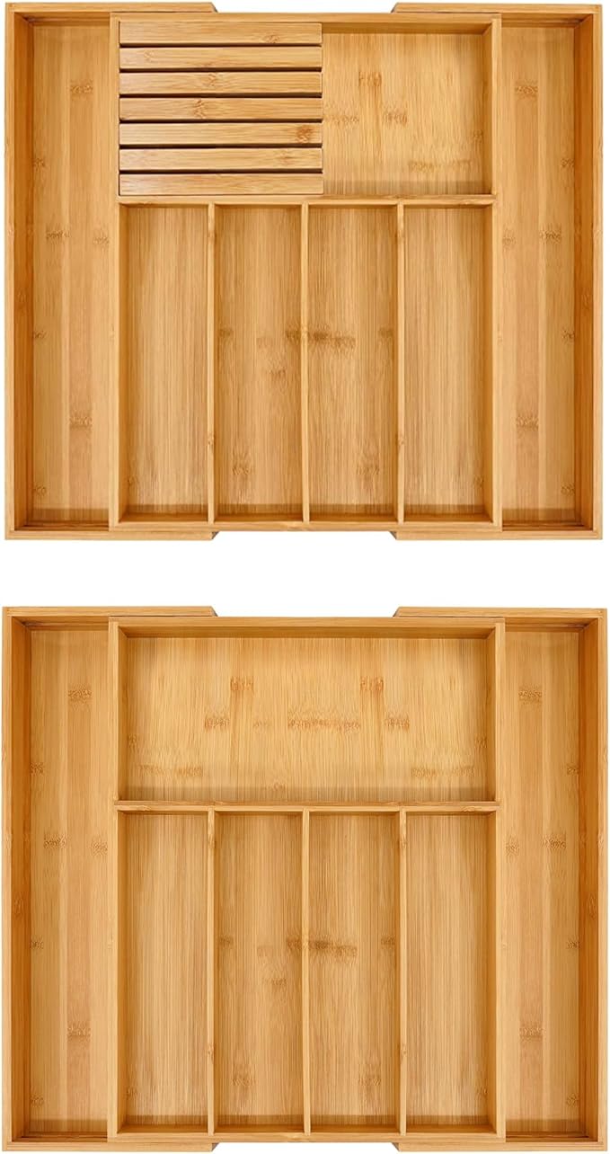VaeFae Bamboo Silverware Drawer Organizer with Knife Block and Silverware Organizer Bundle