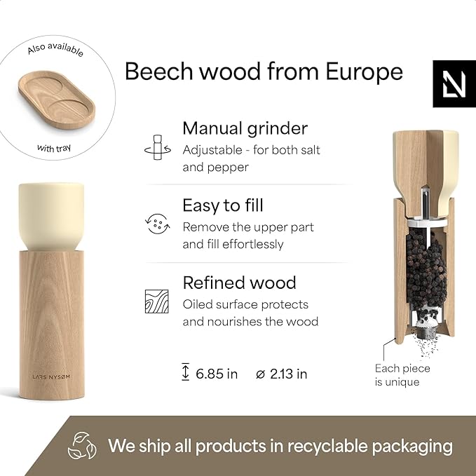 LARS NYSØM Wooden Salt and Pepper Grinder Set Manual - Salt and Pepper Mills with Adjustable Ceramic Grinder - Elegant Beechwood Pepper and Salt Mill Set for Dining Table (Almond Beige)