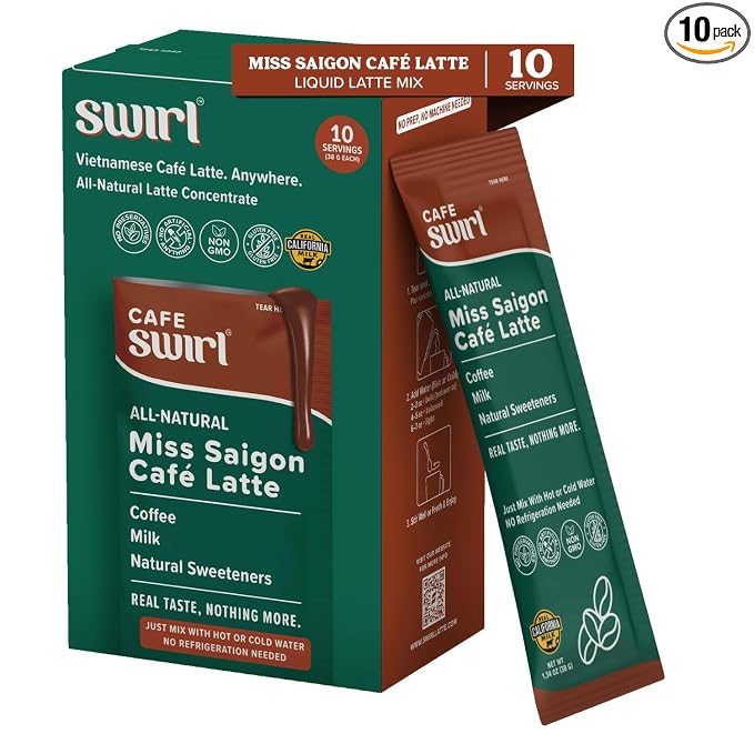Swirl - Miss Saigon Cafe Latte - Vietnamese Inspired Espresso, Milk Blend, Single Serve, Smooth, Sweet, Balanced, No Fridge - 38g per pack 10 packets