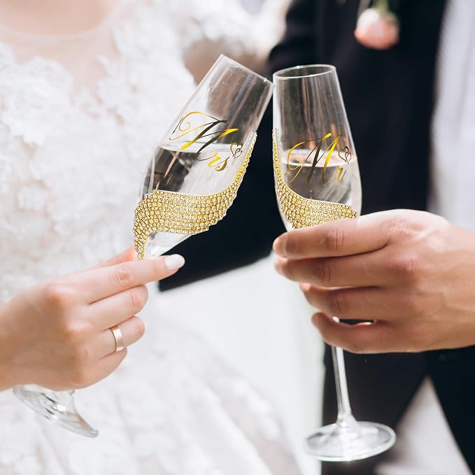 Wedding Cake Knife and Server Set, Gold Mr and Mrs Champagne Flutes and Cake Cutting Set for Wedding Bridal Shower Gifts (Gold)