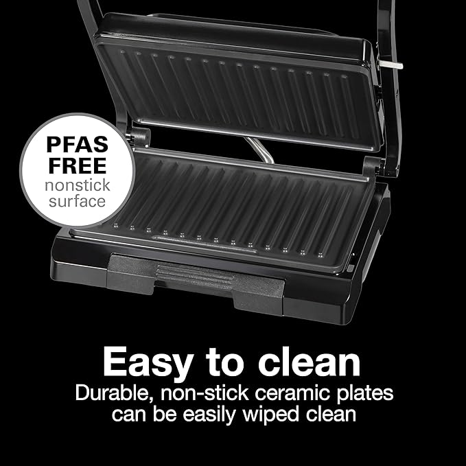 Proctor Silex-Panini Press Sandwich Maker and Electric Indoor Grill, Easy Clean PFAS-Free Nonstick Grids, Compact Upright Storage, Black (25440MN)