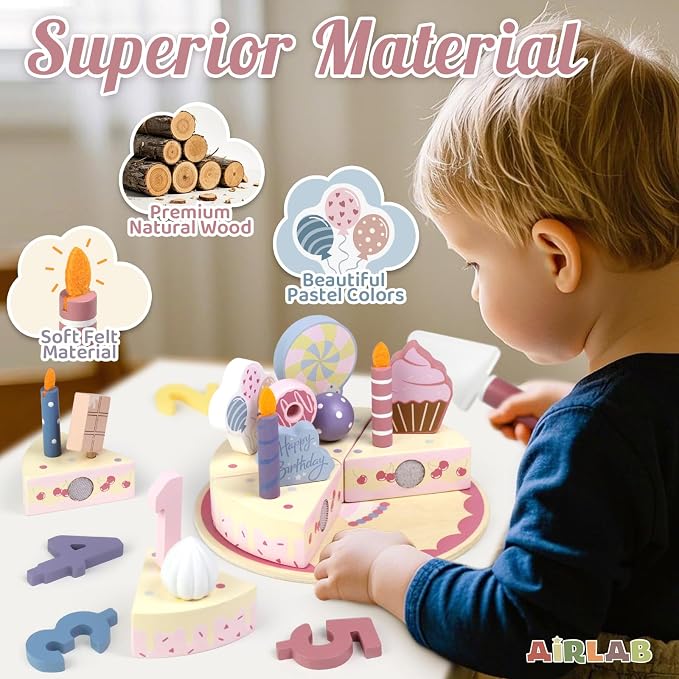 Wooden Birthday Party Cake Play Food Sets for Toddler 3 4 5 Year Old Girls Boys Kids Kitchen Accessories Pretend Play Toy Gift Educational Toys