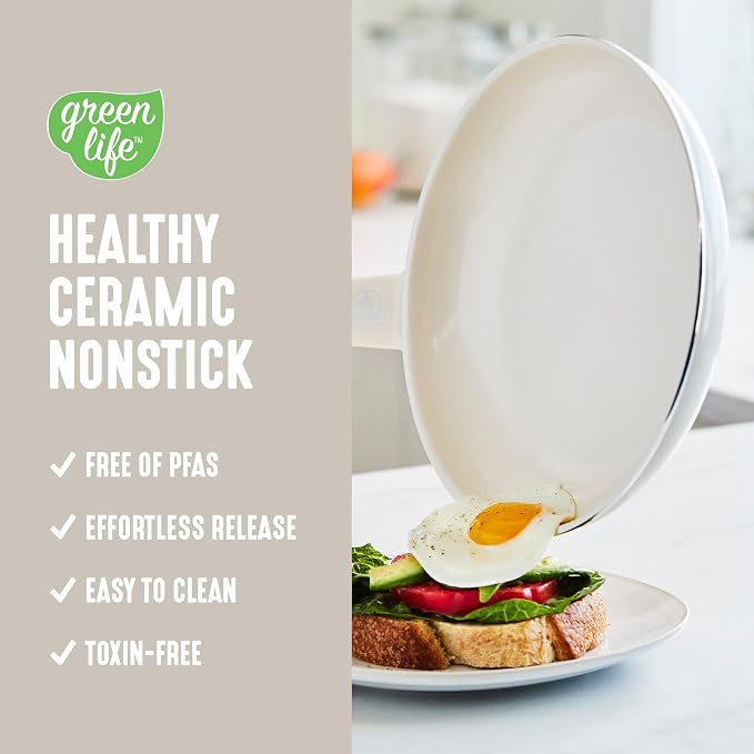 GreenLife Soft Grip 16 Piece Cookware Set, Non-Toxic PFAS-Free Ceramic Nonstick, Frying, Sauce, Saute, Utensils, Glass Lids, Stay-Cool Handles, Wobble Free, Dishwasher & Oven Safe, Cream