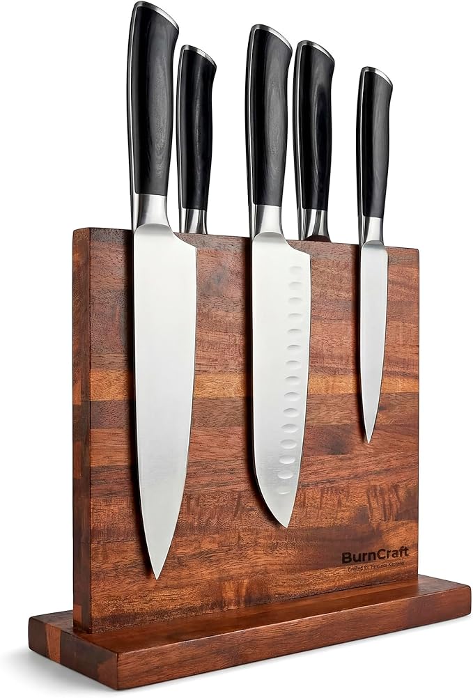 Magnetic Knife Block Acacia Wood, 12 x 10 Inch Double Sided Magnetic Knife Holder with Strong Enhanced Magnets, Wooden Knife Organizer Stand for Kitchen Countertop, Without Knives