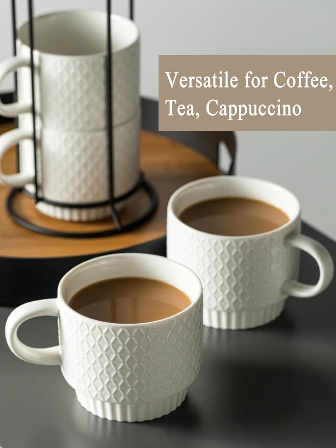 Gomakren Stackable Coffee Mugs Set with Stand, Coffe Cup with Tea Spoon 13 Ounce White Cups for Cappuccino Coffee Drinks Tea, Set of 4, Gift for Father Man Women 380ml