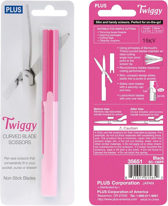 Plus Pen Style Non-Stick Compact TSA Twiggy Scissors with Cover, Pink