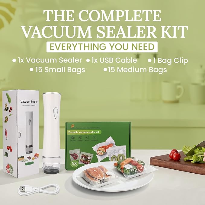 Handheld Vacuum Sealer for Food Storage - Vacuum Storage Bags and Machine - 30 Reusable Freezer Bags - USB Rechargeable - Mini Bag Sealer - Kitchen Gadgets for Meal Prep Essentials