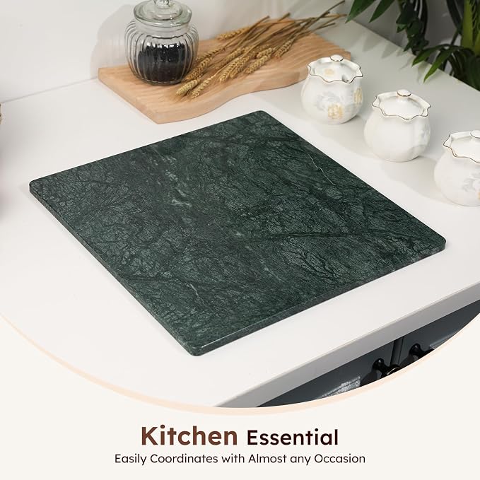 Diflart Marble Cutting Board for Kitchen, 16x16 Inch, Green, Non-Slip Feets | Natural Stone Slab Pastry Board for Baking, Cheese, Charcuterie, Dough, Chocolate, Pack of 1 Piece