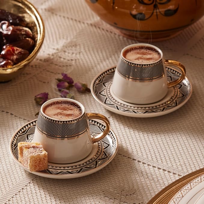 KARACA Globe Turkish Coffee Cup Set of 6, 80ml, 2.7 oz, Small Espresso Cups with Saucers, Porcelain, Black Patterns, and Gold Handles, Ideal for Serving Greek, Arabic Coffee