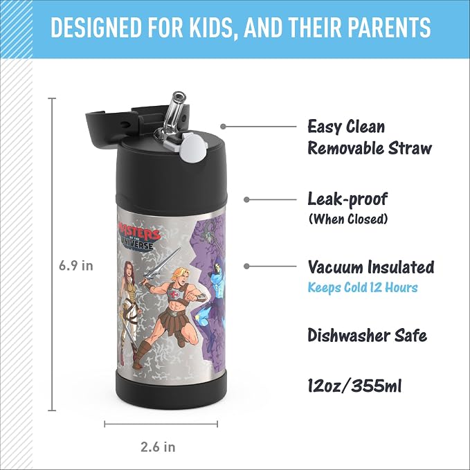 THERMOS FUNTAINER Water Bottle with Straw - 12 Ounce - Kids Stainless Steel Vacuum Insulated Water Bottle with Lid, Masters of the Universe