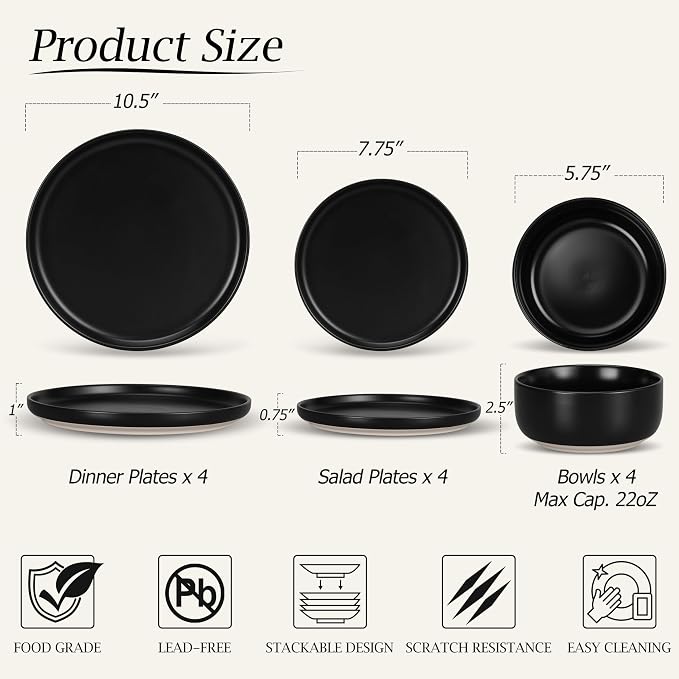 LIANYU Stoneware Dinnerware Sets for 4, 12 Piece Plates and Bowls Set, Ceramic Dishware Dishes for Dining, Scratch Resistant Kitchen Porcelain Plates, Microwave & Dishwasher Safe, Matte Black