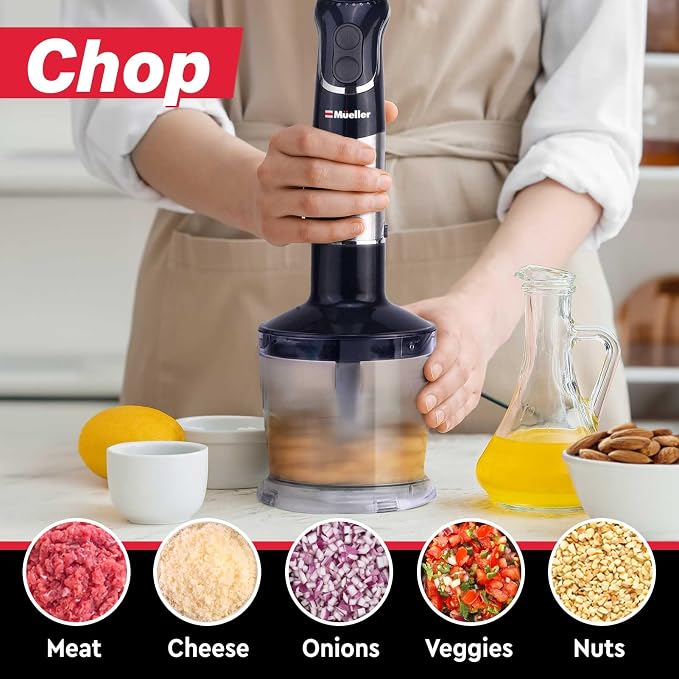 Mueller Multistick 800W 5-in-1 Immersion Blender Handheld, 12 Speed Hand Mixer - Turbo Boost, Heaviest Duty Copper Motor, Titanium Blades Hand Blender, Milk Frother Wand, Whisk, Kitchen Gadgets Black