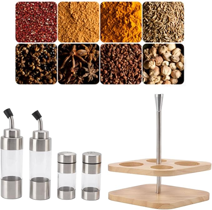4-Pack Stainless Steel Kitchen Dispenser Set with Wooden Holder - Precision Olive Oil, Vinegar, Salt & Pepper Bottles for Home & Restaurants