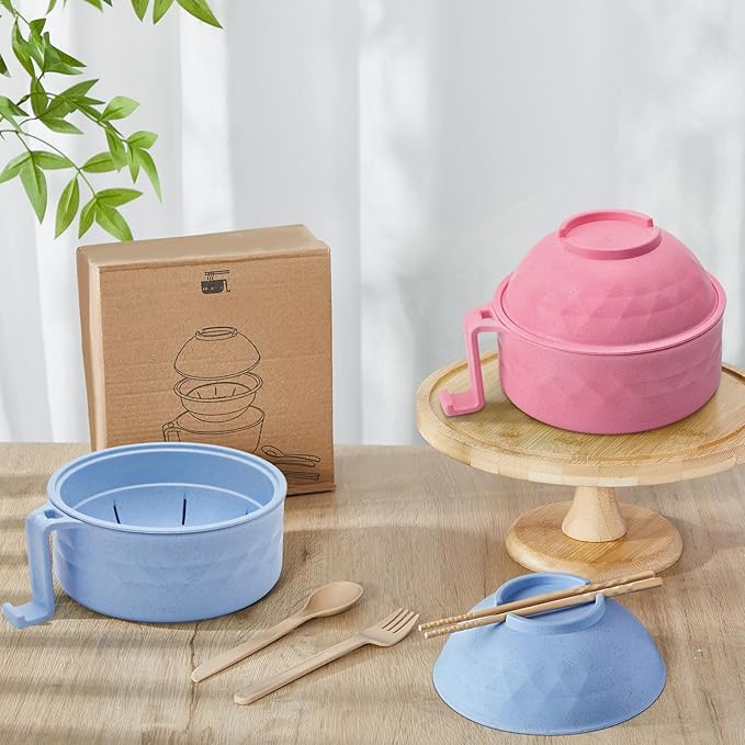2 Sets Microwave Ramen Bowl 40 oz Wheat Fiber Portable Instant Noodle Cooker Bowl with Handles Strainer Spoon Chopstick Fork College Dorm Room Apartment Essentials(Pink, Light Blue)
