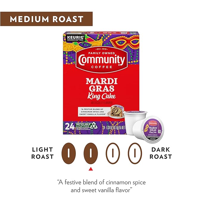 Community Coffee Mardi Gras King Cake Flavored 72 Count Coffee Pods, Medium Roast, Compatible with Keurig 2.0 K-Cup Brewers 72 Count (Pack of 6)