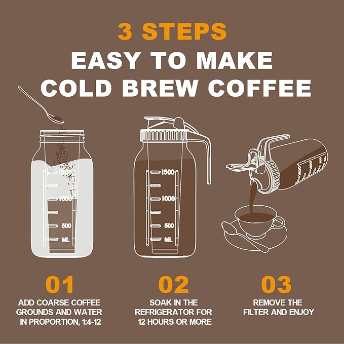 JunVpic Cold Brew Coffee Maker Jar - 64oz Wide Mouth,LeakProof,Heavy Duty Glass Mason Pitcher with Spout Lid,Handle & Stainless Steel Filter for Iced Coffee,Lemonade,Ice Tea & Fruit Drinks